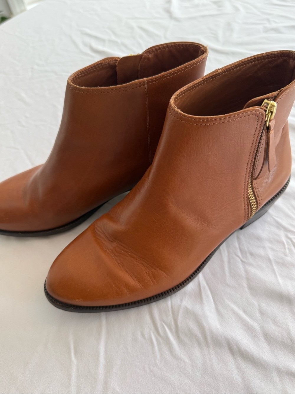 J. Crew Cognac Leather Ankle Booties with Gold Zip Detail